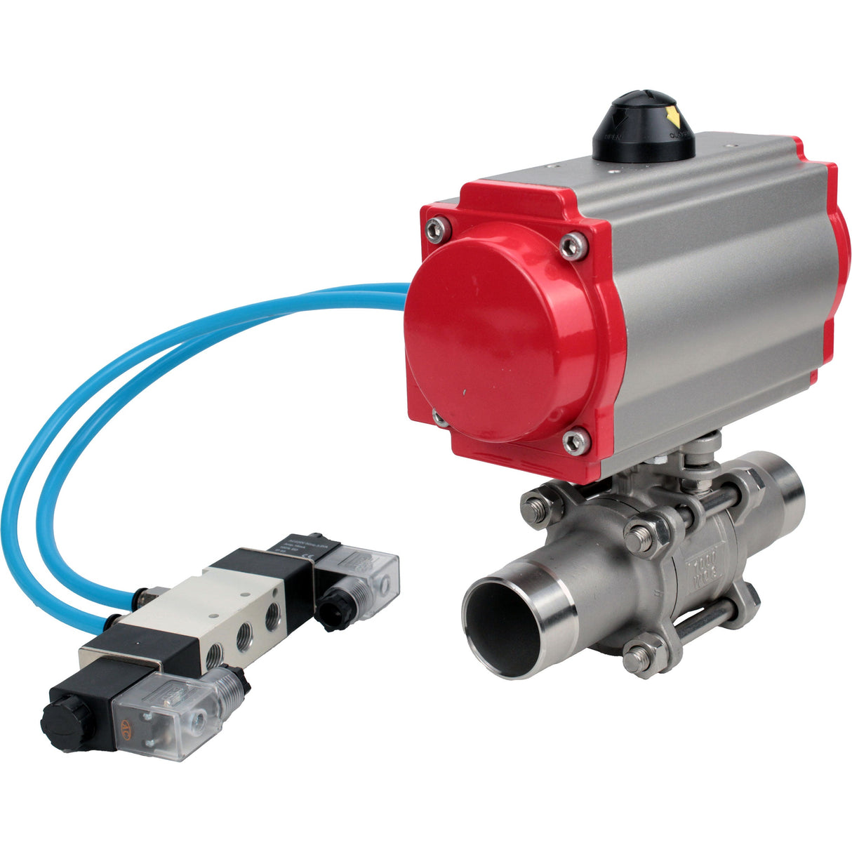 Ball valves Elephant BV3232P(3pc)-FP-W-ISO-H LONG full bore, body - stainless steel 316, for welding, with pneumatic actuator Elephant PA-SA and pneumatic distributor 4V320-08 220V