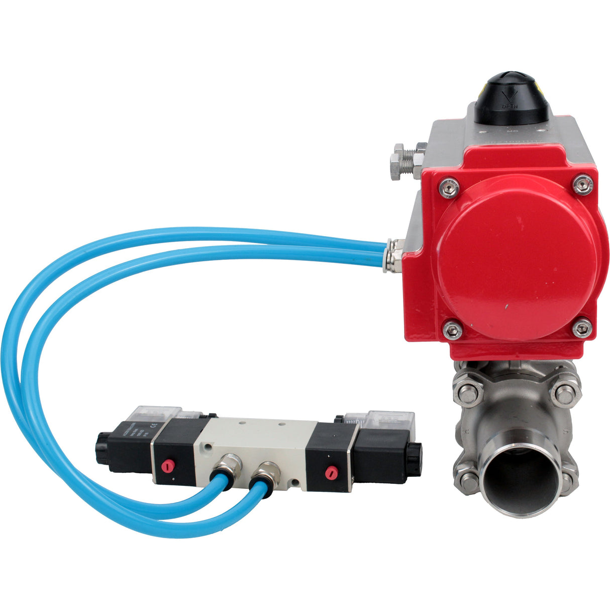 Ball valves Elephant BV3232P(3pc)-FP-W-ISO-H LONG full bore, body - stainless steel 316, for welding, with pneumatic actuator PA-DA and pneumatic distributor 4V320-08 220V