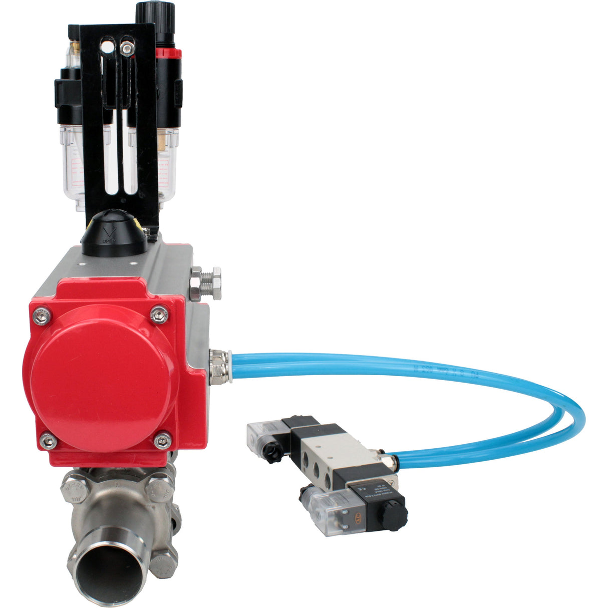 Ball valves Elephant BV3232P(3pc)-FP-W-ISO-H LONG full bore, body - stainless steel 316, for welding, with pneumatic actuator Elephant PA-SA, pneumatic distributor 4V320-10 220V and ATU AFC2000
