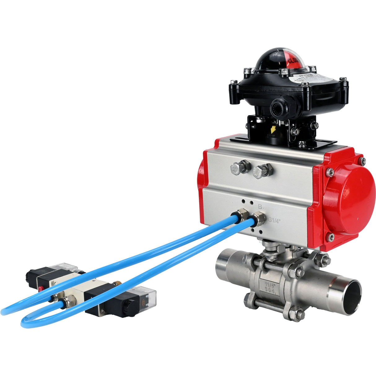 Ball valves Elephant BV3232P(3pc)-FP-W-ISO-H LONG full bore, body - stainless steel 316, welded, with pneumatic actuator Elephant PA-SA, pneumatic distributor 4V320-08 220V and limit switch block APL-210N