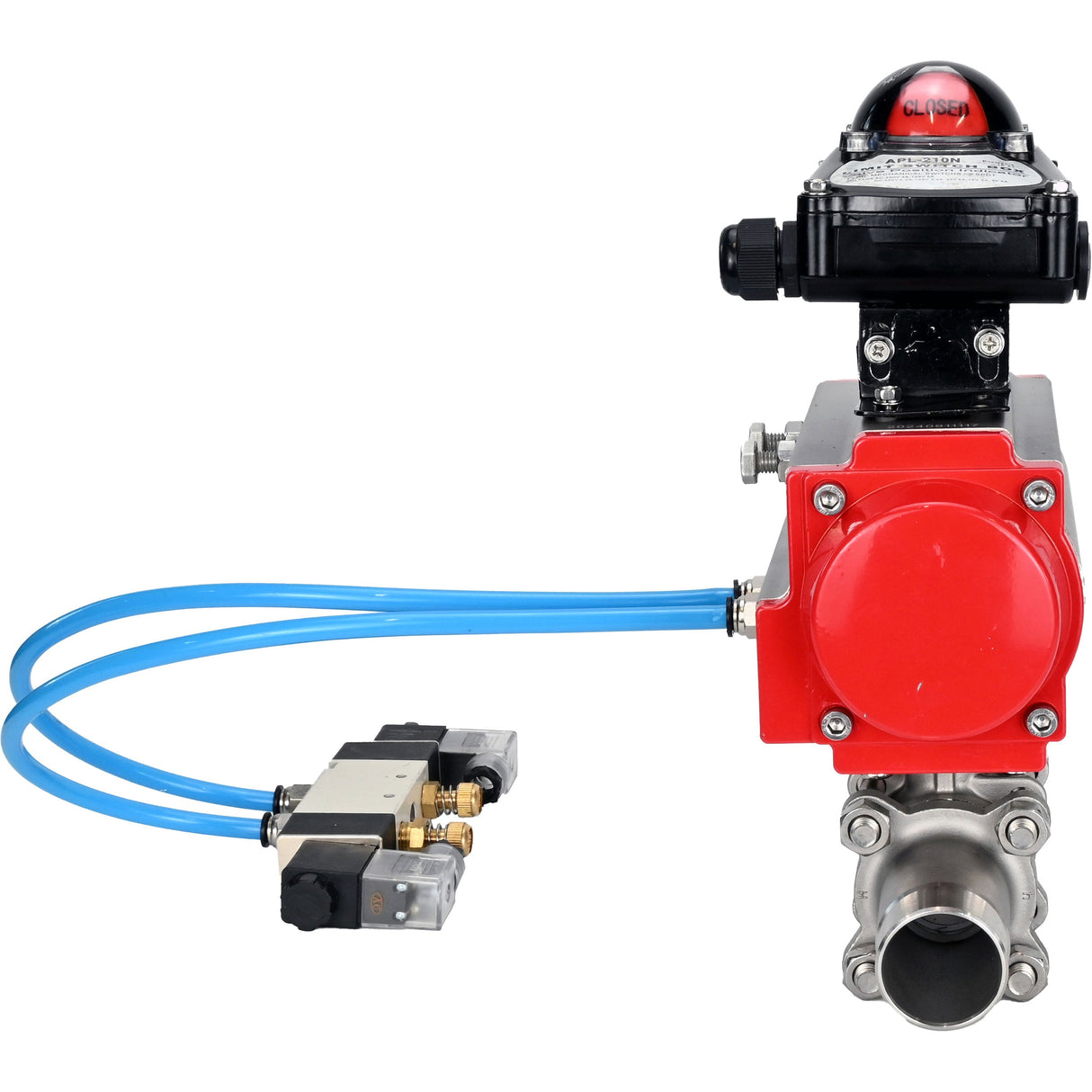 Ball valves Elephant BV3232P(3pc)-FP-W-ISO-H LONG full bore, body - stainless steel 316, welded, with pneumatic actuator Elephant PA-SA, pneumatic distributor 4V320-10 220V and limit switch block APL-210N