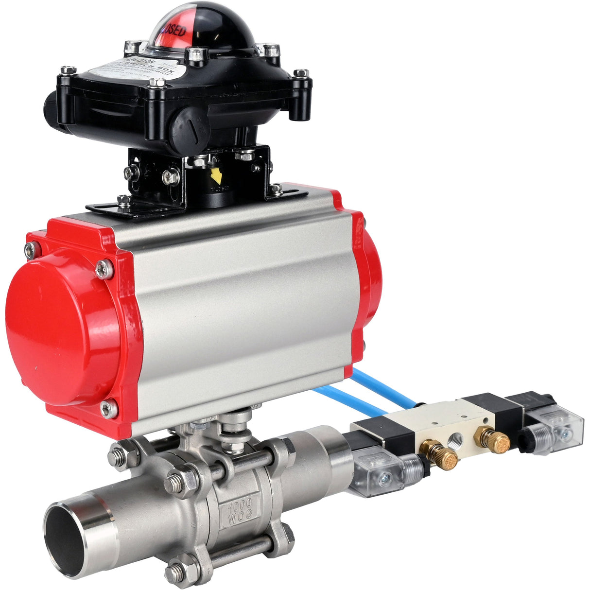 Ball valves Elephant BV3232P(3pc)-FP-W-ISO-H LONG full bore, body - stainless steel 316, welded, with pneumatic actuator Elephant PA-SA, pneumatic distributor 4V320-08 220V and limit switch block APL-210N