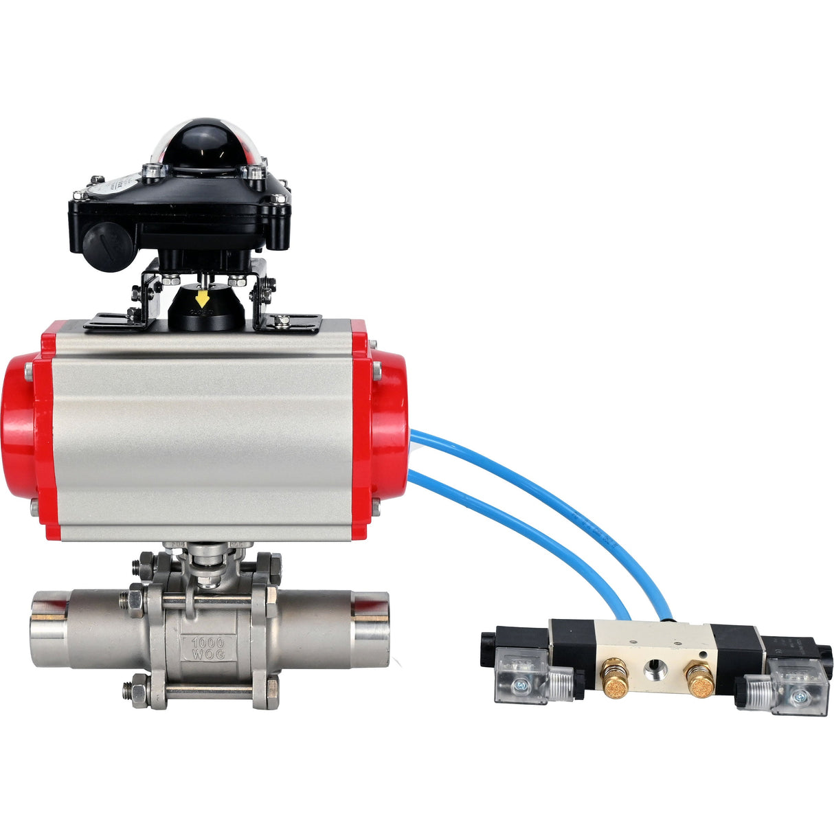 Ball valves Elephant BV3232P(3pc)-FP-W-ISO-H LONG full bore, body - stainless steel 316, welded, with pneumatic actuator Elephant PA-SA, pneumatic distributor 4V320-08 220V and limit switch block APL-210N