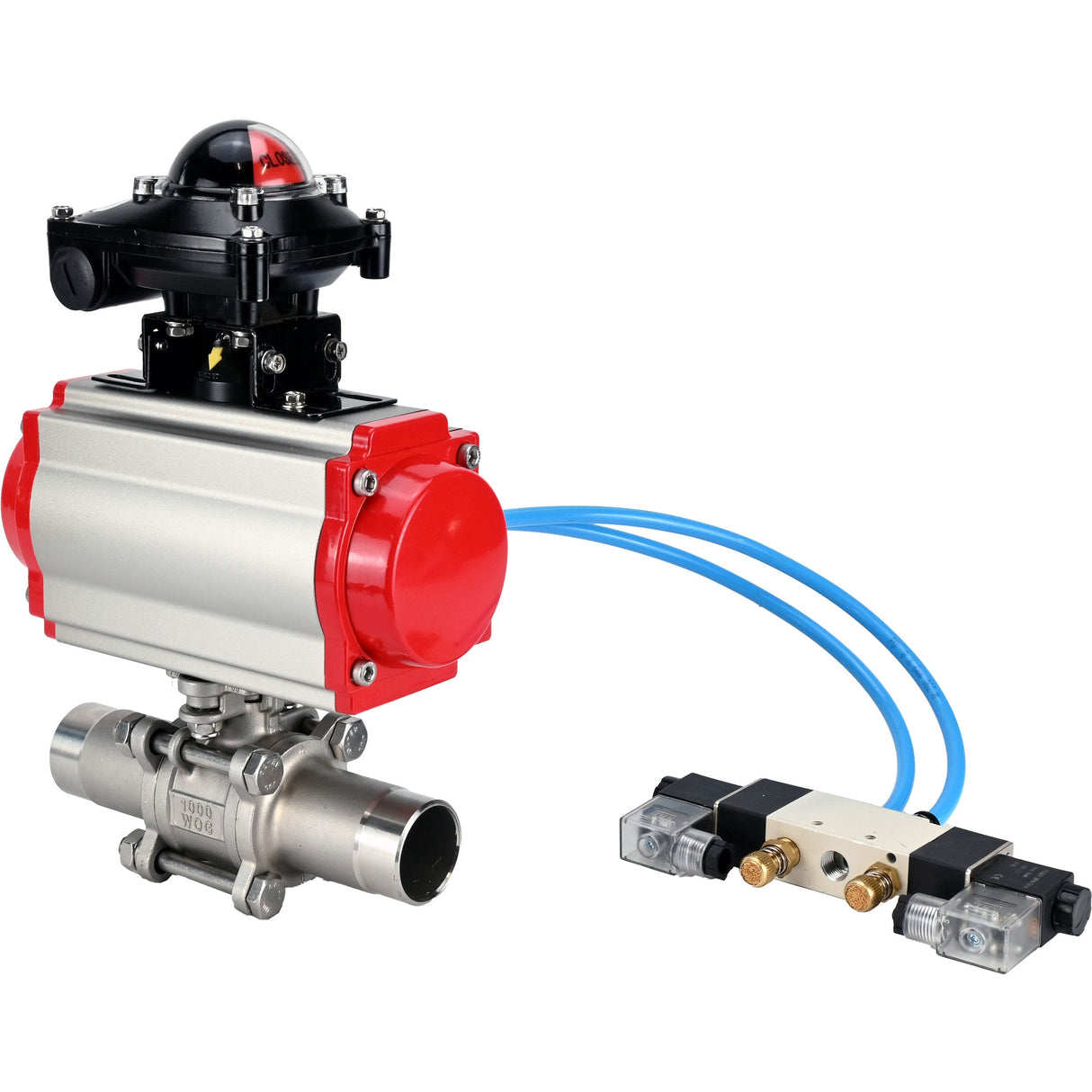 Vannes à boisseau sphérique Elephant BV3131P(3pc)-FP-W-ISO-H LONG à passage intégral, corps - acier inoxydable 304, soudé, avec actionneur pneumatique Elephant PA-SA, distributeur pneumatique 4V320-10 220V et bloc de fin de course APL-210N