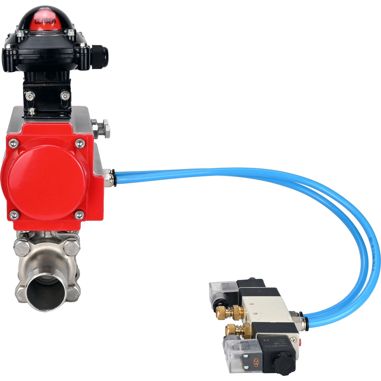 Ball valves Elephant BV3232P(3pc)-FP-W-ISO-H LONG full bore, body - stainless steel 316, welded, with pneumatic actuator Elephant PA-SA, pneumatic distributor 4V320-10 220V and limit switch block APL-210N