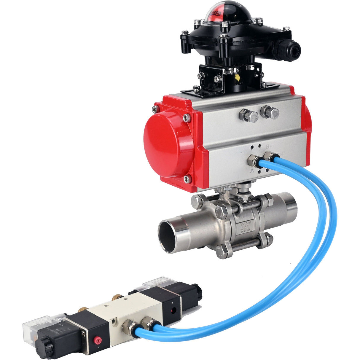 Ball valves Elephant BV3232P(3pc)-FP-W-ISO-H LONG full bore, body - stainless steel 316, welded, with pneumatic actuator Elephant PA-SA, pneumatic distributor 4V320-08 220V and limit switch block APL-210N