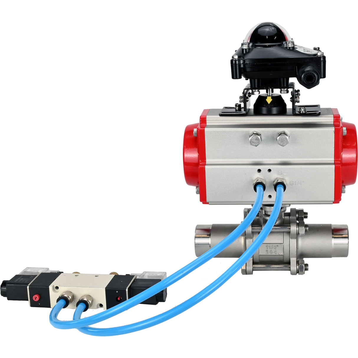 Ball valves Elephant BV3232P(3pc)-FP-W-ISO-H LONG full bore, body - stainless steel 316, welded, with pneumatic actuator Elephant PA-SA, pneumatic distributor 4V320-10 220V and limit switch block APL-210N
