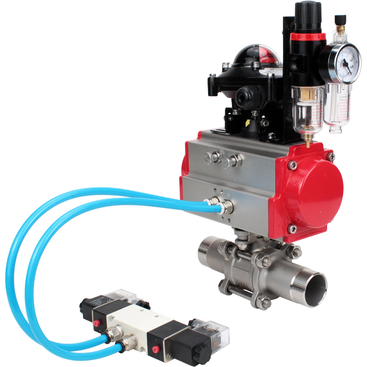 Ball valves Elephant BV3232P(3pc)-FP-W-ISO-H LONG full bore, body - stainless steel 316, for welding, with pneumatic actuator Elephant PA-SA, pneumatic distributor 4V320-10 220V, LSU APL-210N and ATU AFC2000