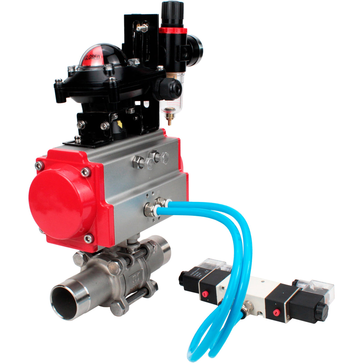 Ball valves Elephant BV3232P(3pc)-FP-W-ISO-H LONG full bore, body - stainless steel 316, for welding, with pneumatic actuator Elephant PA-SA, pneumatic distributor 4V320-08 220V, LSU APL-210N and ATU AFC2000