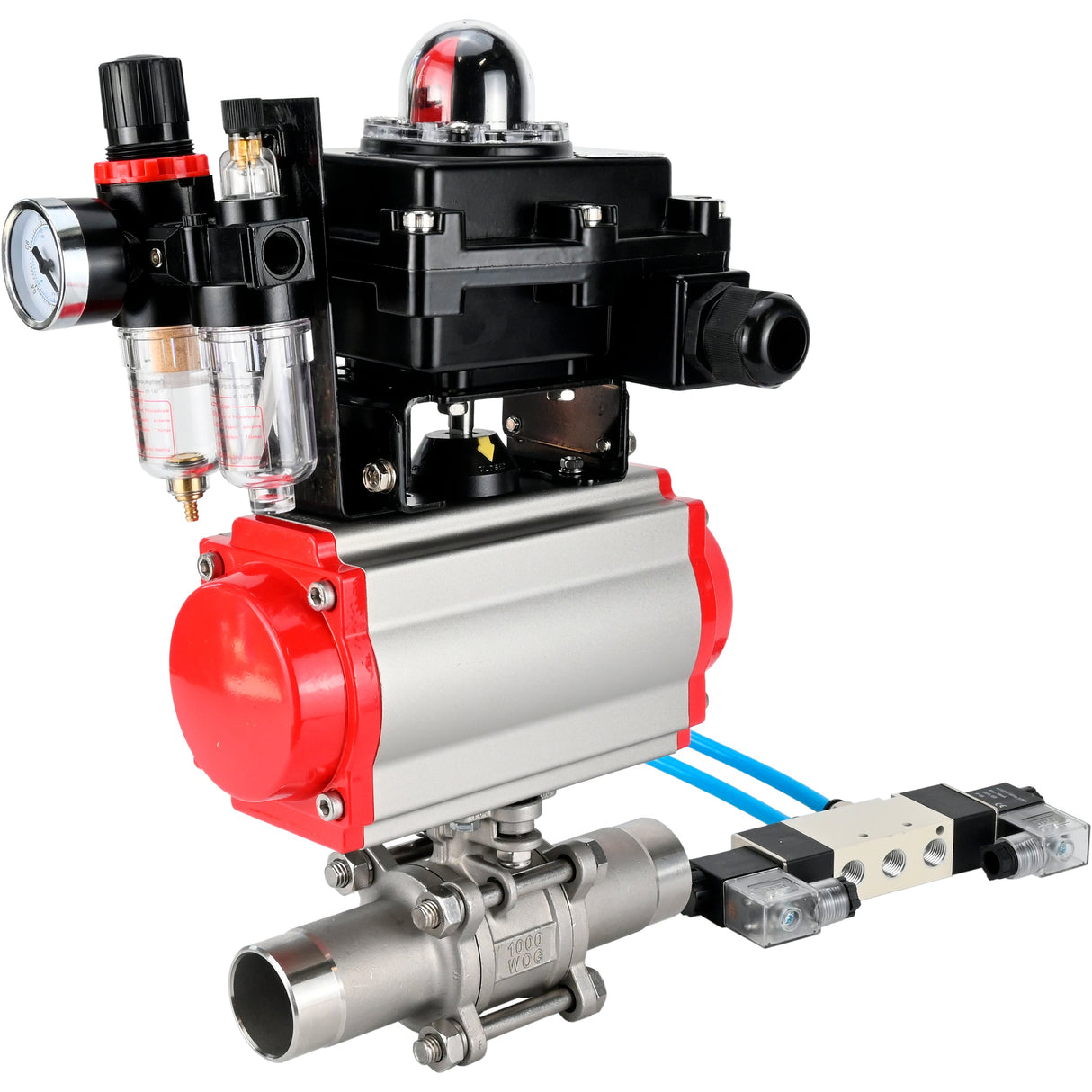 Ball valves Elephant BV3232P(3pc)-FP-W-ISO-H LONG full bore, body - stainless steel 316, for welding, with pneumatic actuator Elephant PA-SA, pneumatic distributor 4V320-08 220V, LSU APL-410N EX and ATU AFC2000