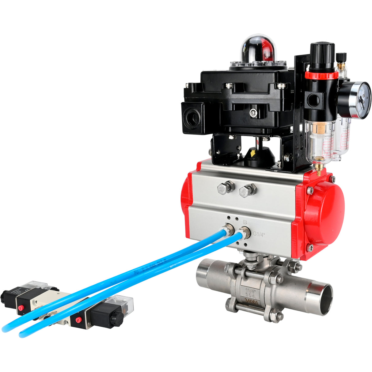 Vannes à boisseau sphérique Elephant BV3131P(3pc)-FP-W-ISO-H LONG DN10-150 passage intégral, corps - acier inoxydable 304, à souder, avec actionneur pneumatique PA-DA, distributeur pneumatique 4V320-10 220V, BKV APL-410N EX et GSV AFC2000