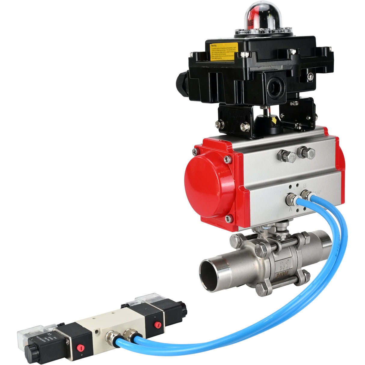 Ball valves Elephant BV3232P(3pc)-FP-W-ISO-H LONG full bore, body - stainless steel 316, for welding, with pneumatic actuator Elephant PA-SA, pneumatic distributor 4V320-10 220V and limit switch block APL-410N EX