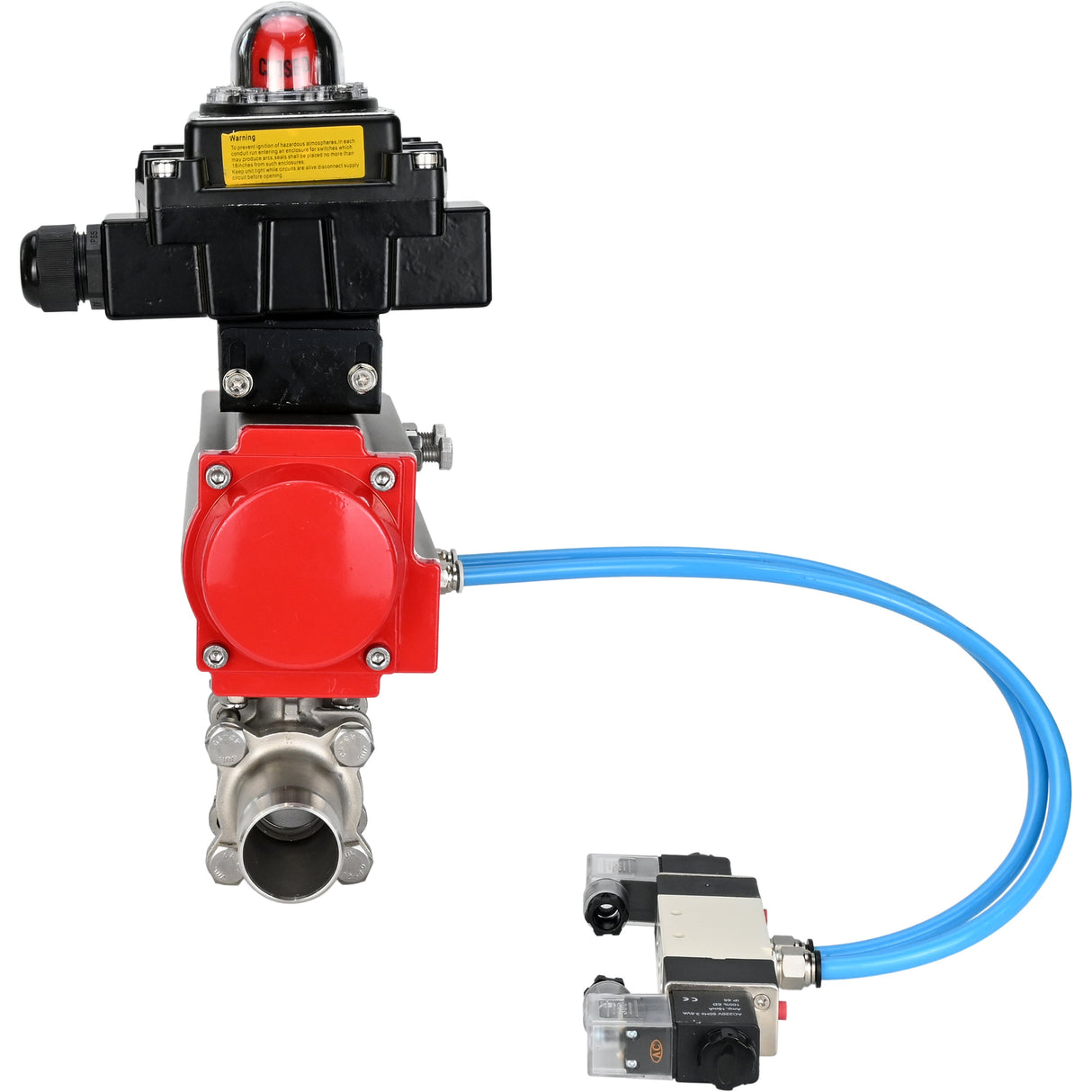 Ball valves Elephant BV3232P(3pc)-FP-W-ISO-H LONG full bore, body - stainless steel 316, for welding, with pneumatic actuator Elephant PA-SA, pneumatic distributor 4V320-10 220V and limit switch block APL-410N EX