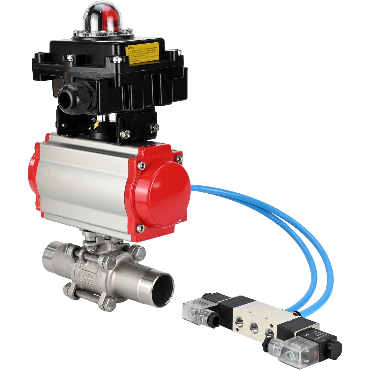Ball valves Elephant BV3232P(3pc)-FP-W-ISO-H LONG full bore, body - stainless steel 316, for welding, with pneumatic actuator Elephant PA-SA, pneumatic distributor 4V320-10 220V and limit switch block APL-410N EX