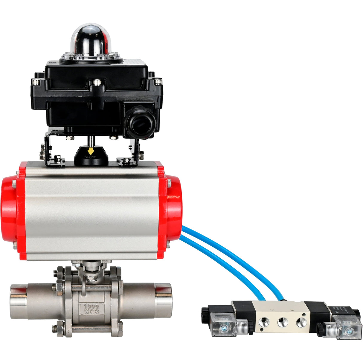 Ball valves Elephant BV3232P(3pc)-FP-W-ISO-H LONG full bore, body - stainless steel 316, for welding, with pneumatic actuator Elephant PA-SA, pneumatic distributor 4V320-10 220V and limit switch block APL-410N EX