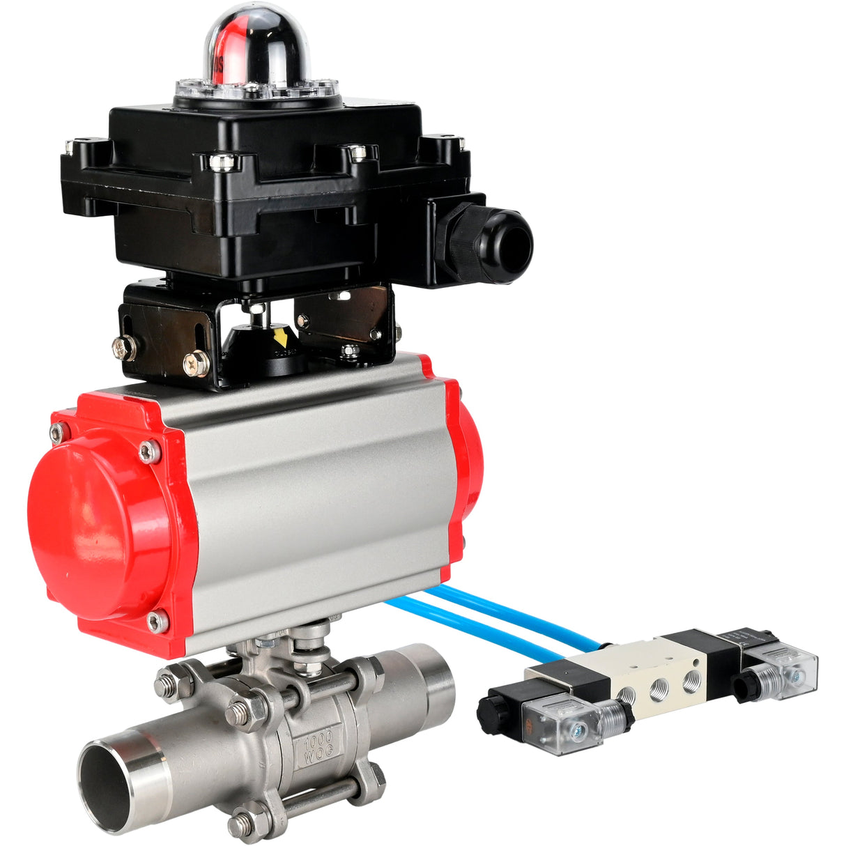 Ball valves Elephant BV3232P(3pc)-FP-W-ISO-H LONG full bore, body - stainless steel 316, for welding, with pneumatic actuator Elephant PA-SA, pneumatic distributor 4V320-10 220V and limit switch block APL-410N EX