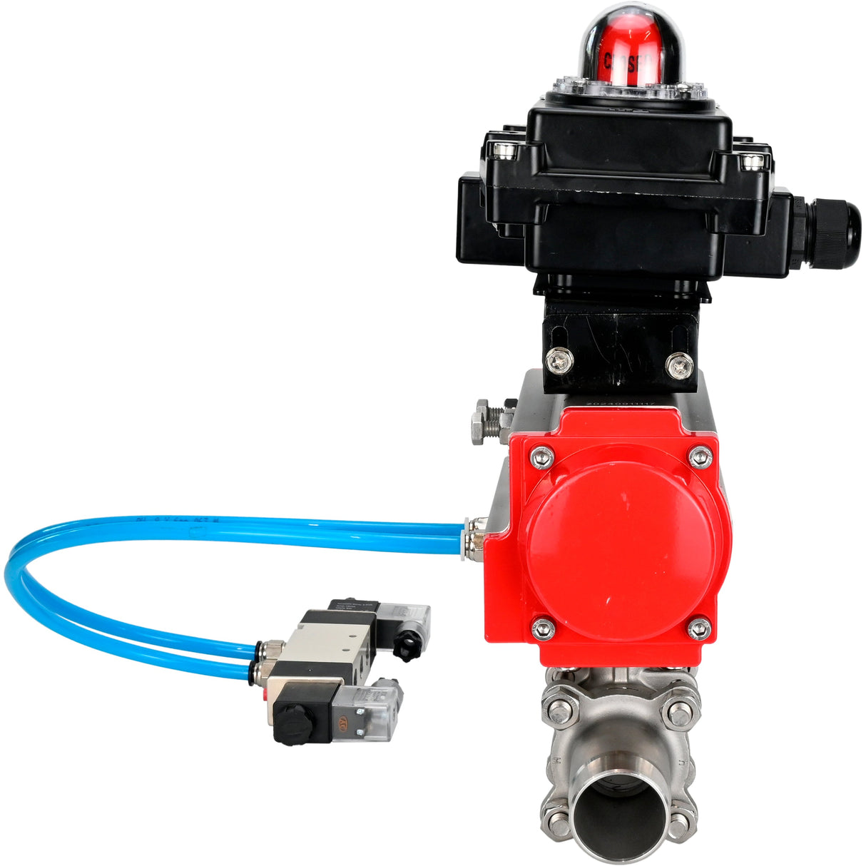 Ball valves Elephant BV3232P(3pc)-FP-W-ISO-H LONG full bore, body - stainless steel 316, for welding, with pneumatic actuator Elephant PA-SA, pneumatic distributor 4V320-08 220V and limit switch block APL-410N EX