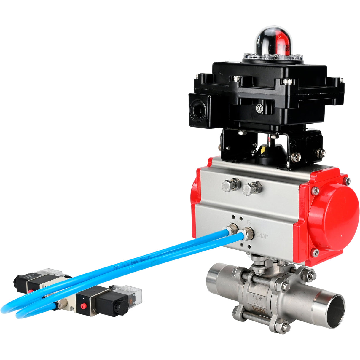 Ball valves Elephant BV3232P(3pc)-FP-W-ISO-H LONG full bore, body - stainless steel 316, for welding, with pneumatic actuator Elephant PA-SA, pneumatic distributor 4V320-08 220V and limit switch block APL-410N EX