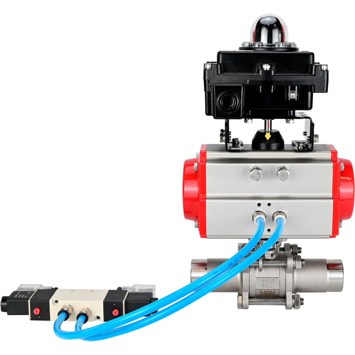Ball valves Elephant BV3232P(3pc)-FP-W-ISO-H LONG full bore, body - stainless steel 316, for welding, with pneumatic actuator Elephant PA-SA, pneumatic distributor 4V320-08 220V and limit switch block APL-410N EX