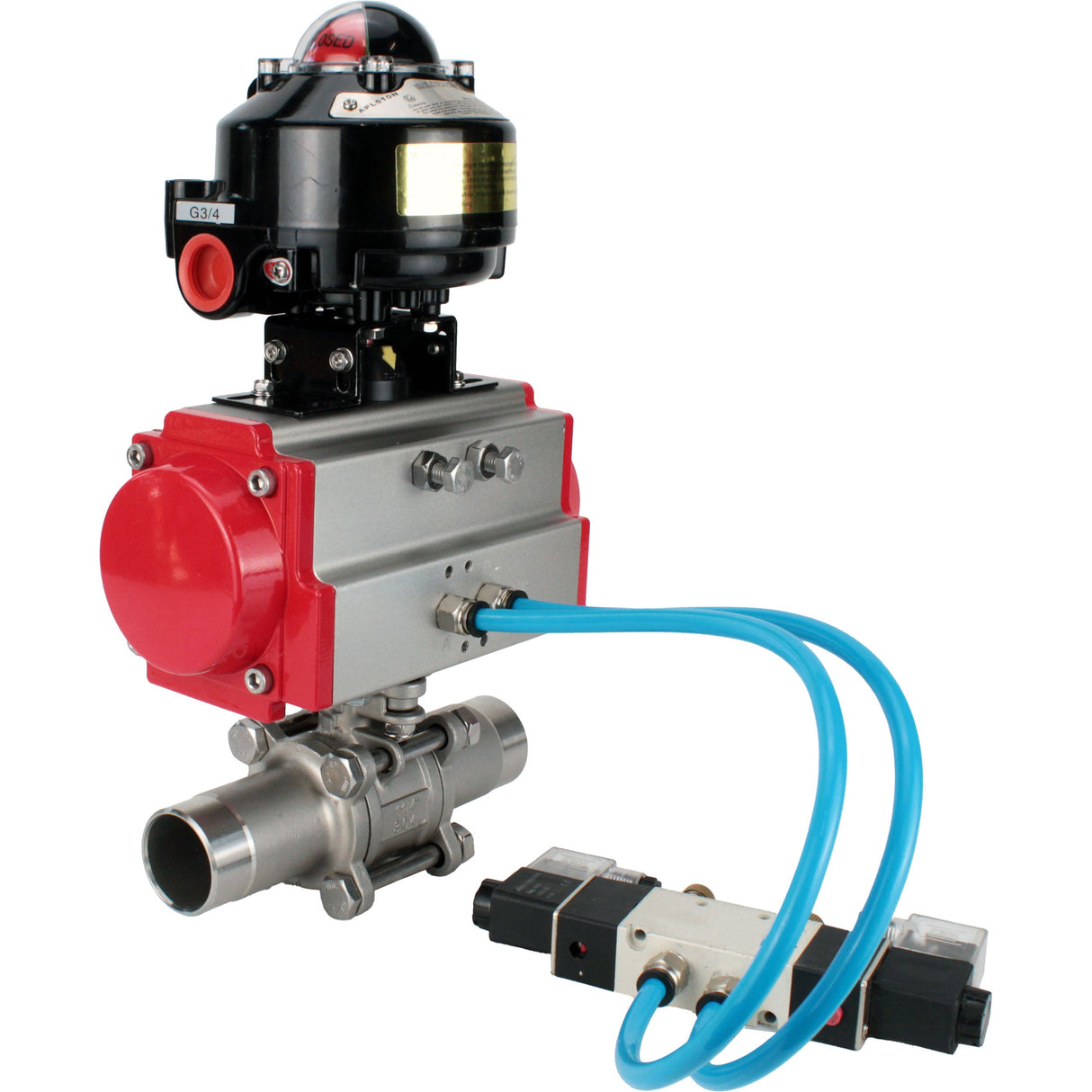 Ball valves Elephant BV3232P(3pc)-FP-W-ISO-H LONG full bore, body - stainless steel 316, for welding, with pneumatic actuator Elephant PA-SA, pneumatic distributor 4V320-08 220V and limit switch block APL-510N EX