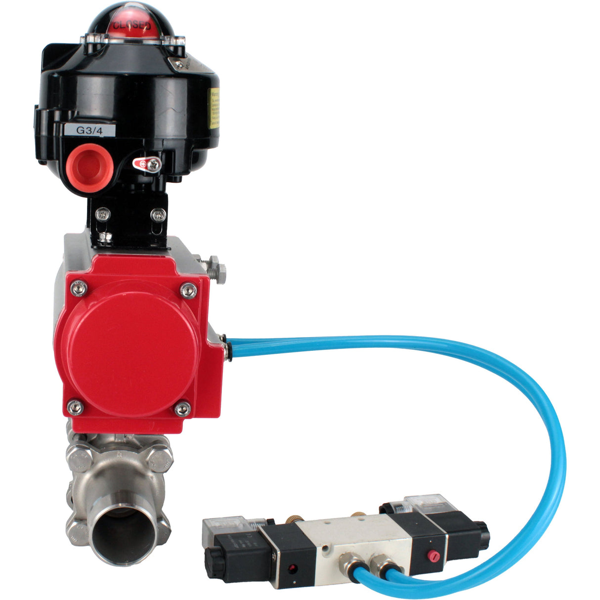 Ball valves Elephant BV3232P(3pc)-FP-W-ISO-H LONG full bore, body - stainless steel 316, for welding, with pneumatic actuator Elephant PA-SA, pneumatic distributor 4V320-08 220V and limit switch block APL-510N EX