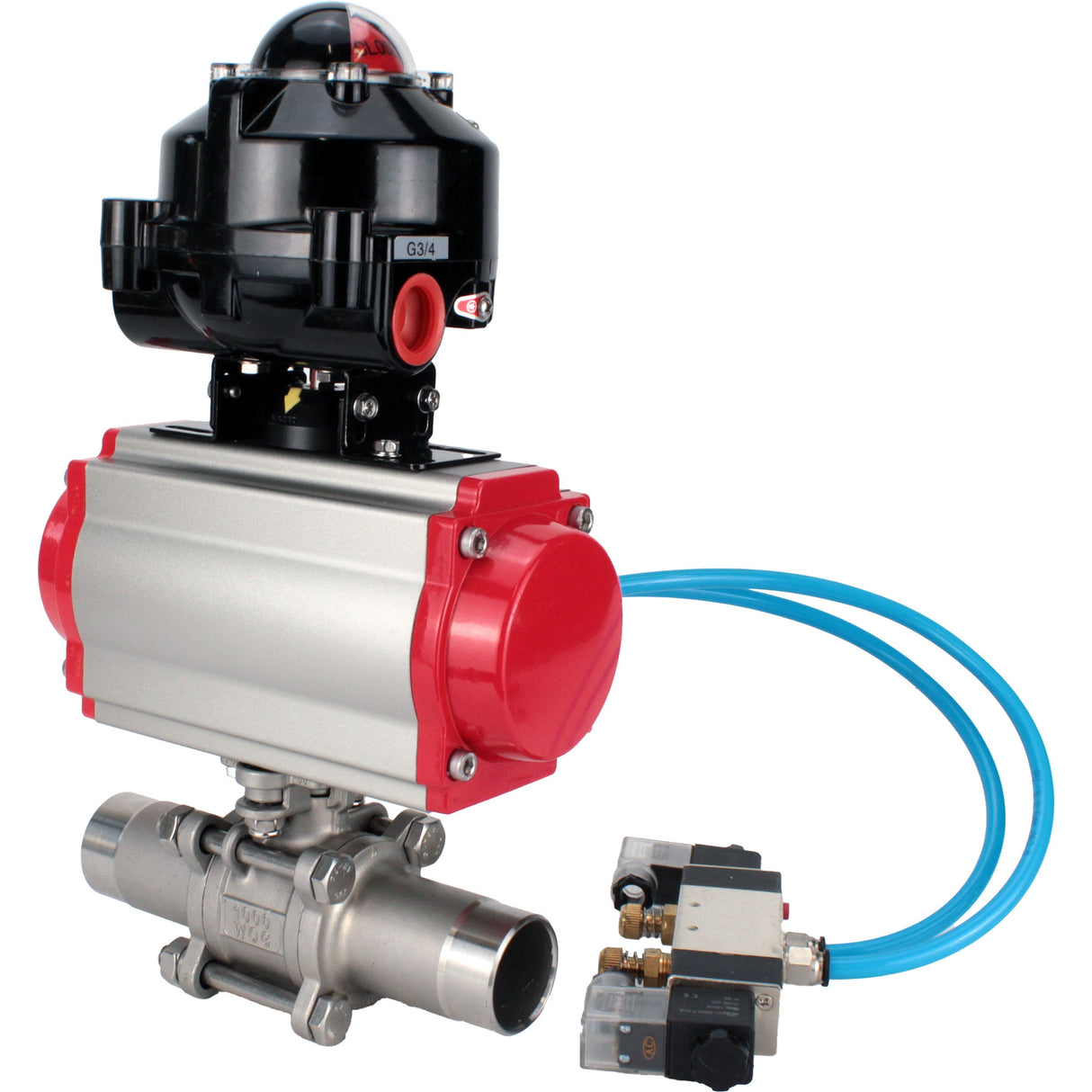 Ball valves Elephant BV3232P(3pc)-FP-W-ISO-H LONG full bore, body - stainless steel 316, for welding, with pneumatic actuator Elephant PA-SA, pneumatic distributor 4V320-08 220V and limit switch block APL-510N EX