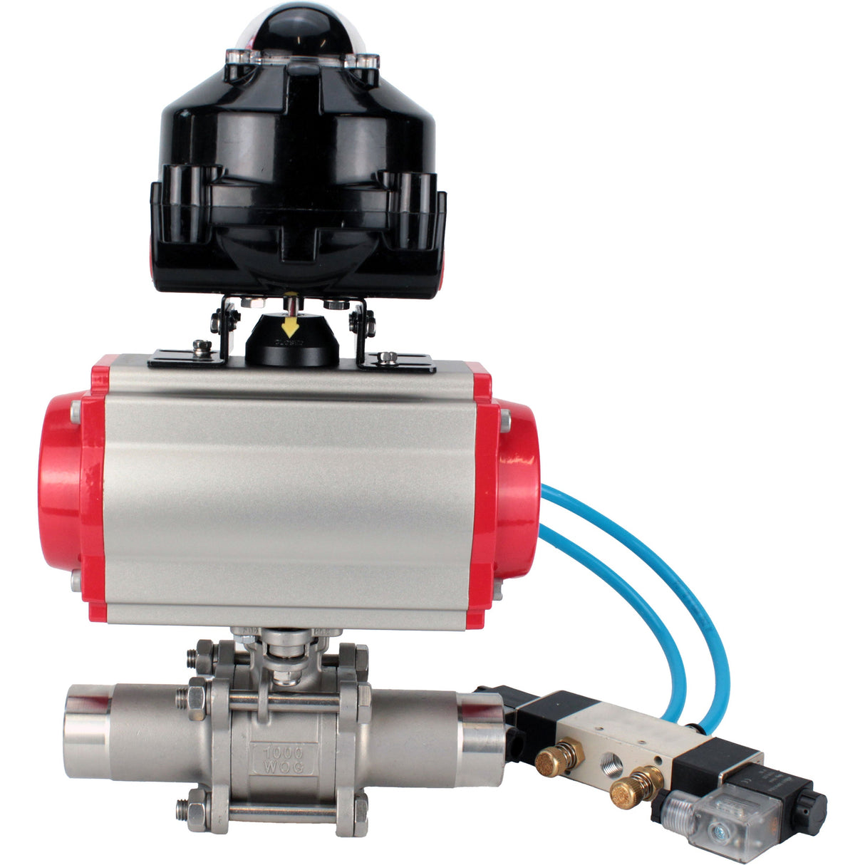 Ball valves Elephant BV3232P(3pc)-FP-W-ISO-H LONG full bore, body - stainless steel 316, for welding, with pneumatic actuator Elephant PA-SA, pneumatic distributor 4V320-08 220V and limit switch block APL-510N EX