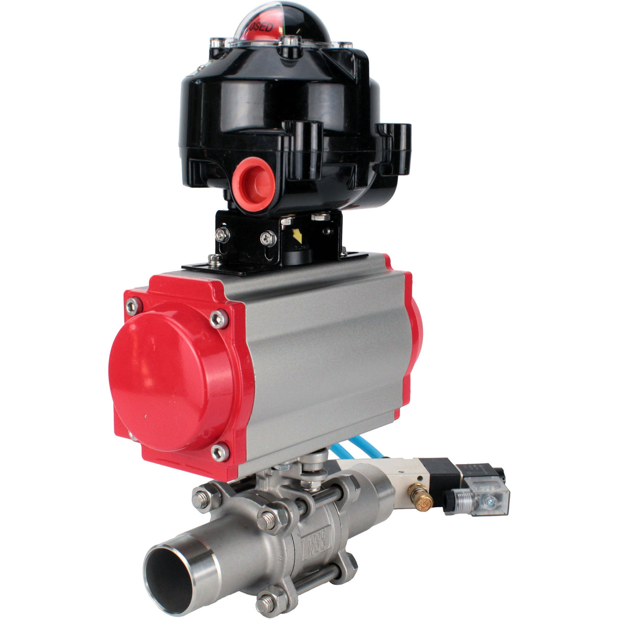 Ball valves Elephant BV3232P(3pc)-FP-W-ISO-H LONG full bore, body - stainless steel 316, for welding, with pneumatic actuator Elephant PA-SA, pneumatic distributor 4V320-10 220V and limit switch block APL-510N EX