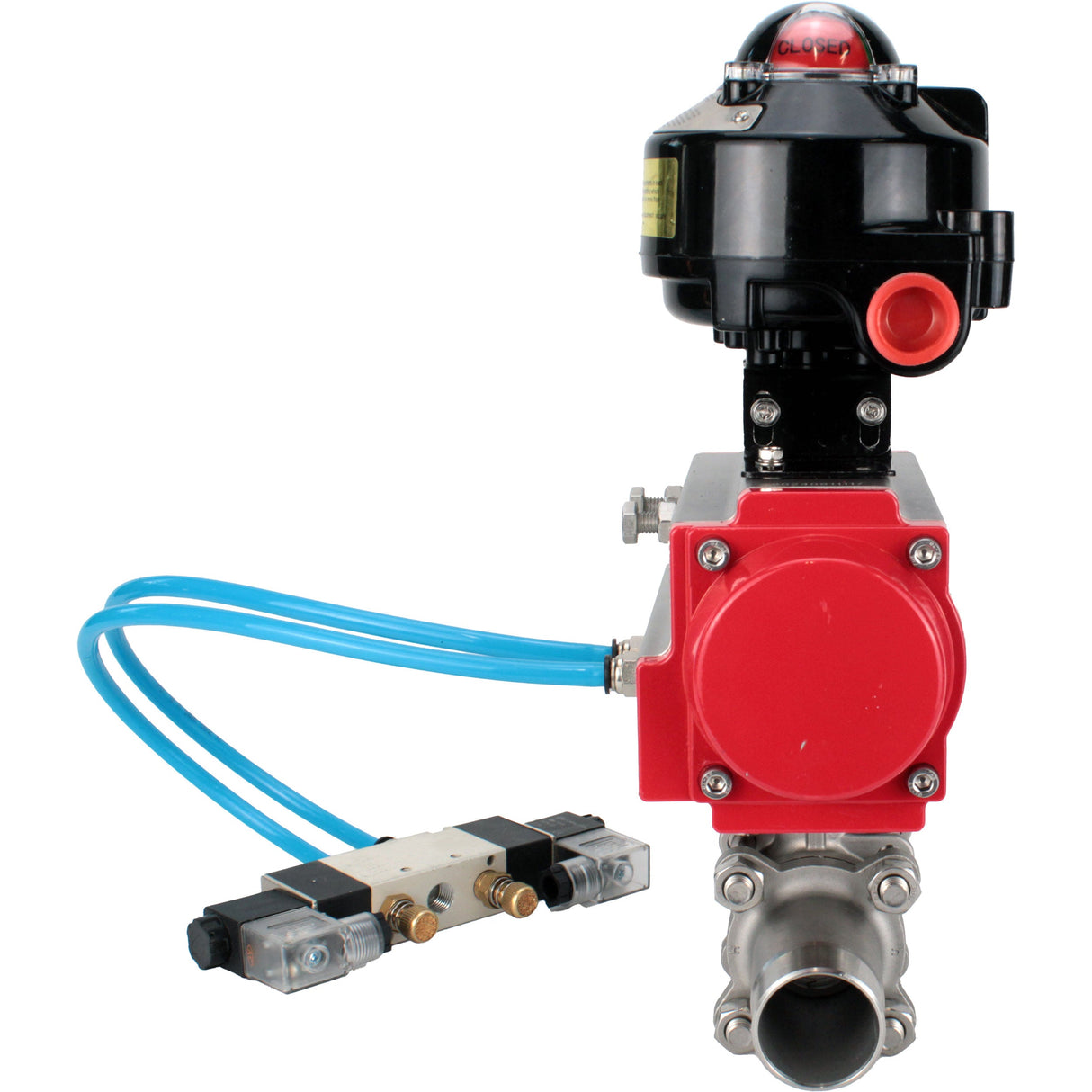 Ball valves Elephant BV3232P(3pc)-FP-W-ISO-H LONG full bore, body - stainless steel 316, for welding, with pneumatic actuator Elephant PA-SA, pneumatic distributor 4V320-10 220V and limit switch block APL-510N EX