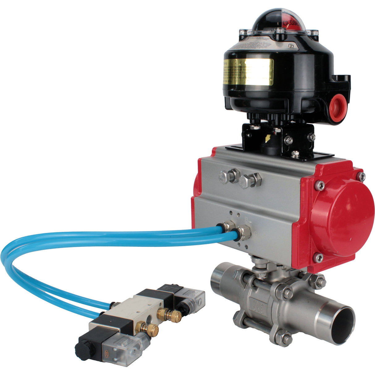 Ball valves Elephant BV3232P(3pc)-FP-W-ISO-H LONG full bore, body - stainless steel 316, for welding, with pneumatic actuator Elephant PA-SA, pneumatic distributor 4V320-08 220V and limit switch block APL-510N EX