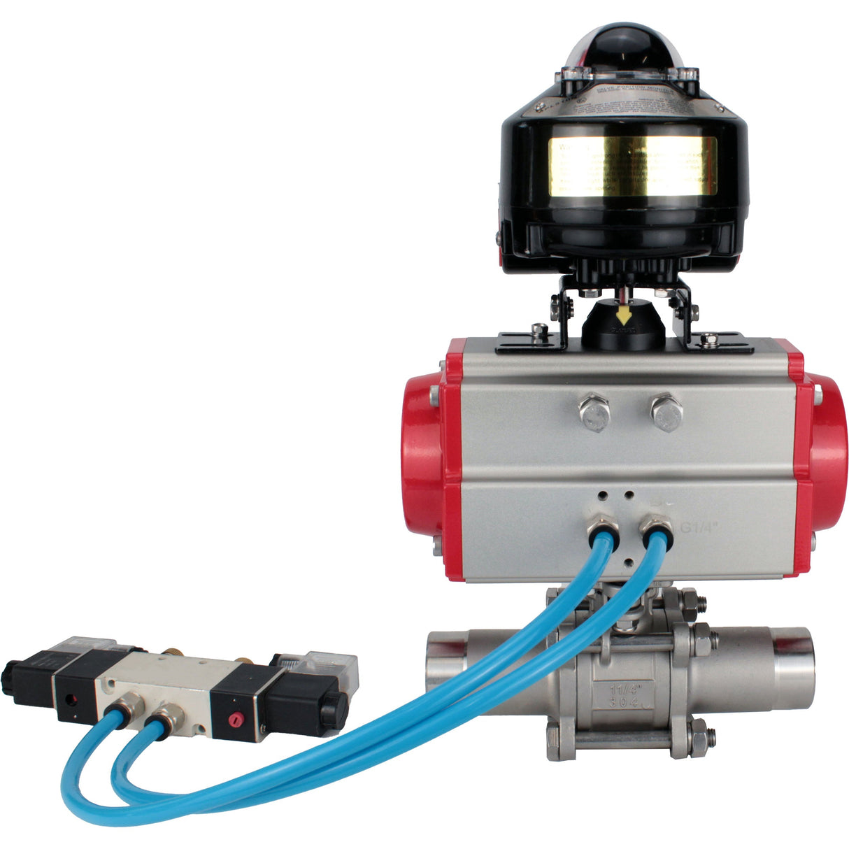 Ball valves Elephant BV3232P(3pc)-FP-W-ISO-H LONG full bore, body - stainless steel 316, for welding, with pneumatic actuator Elephant PA-SA, pneumatic distributor 4V320-08 220V and limit switch block APL-510N EX