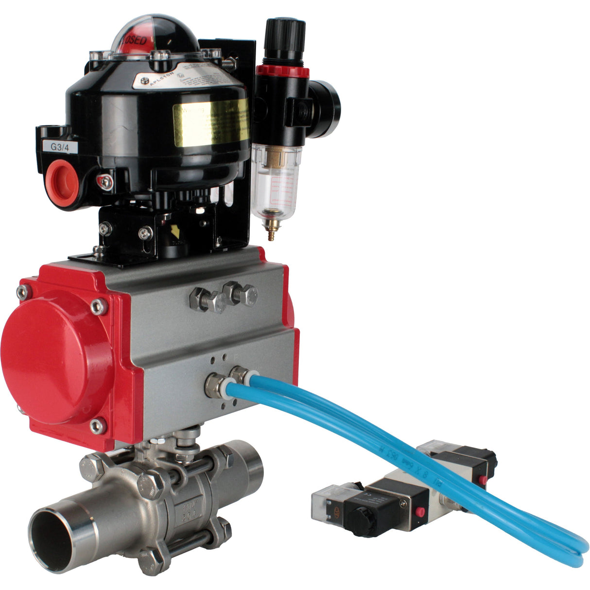 Ball valves Elephant BV3232P(3pc)-FP-W-ISO-H LONG full bore, body - stainless steel 316, for welding, with pneumatic actuator Elephant PA-SA, pneumatic distributor 4V320-08 220V, LSU APL-510N EX and ATU AFC2000