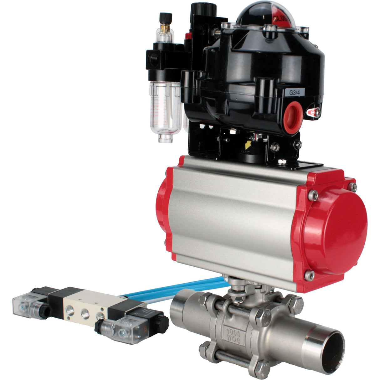 Robinets à boisseau sphérique Elephant BV3131P(3pc)-FP-W-ISO-H LONG DN10-150 passage intégral, corps - acier inoxydable 304, à souder, avec actionneur pneumatique PA-DA, distributeur pneumatique 4V320-08 220V, BKV APL-510N EX et GSV AFC2000