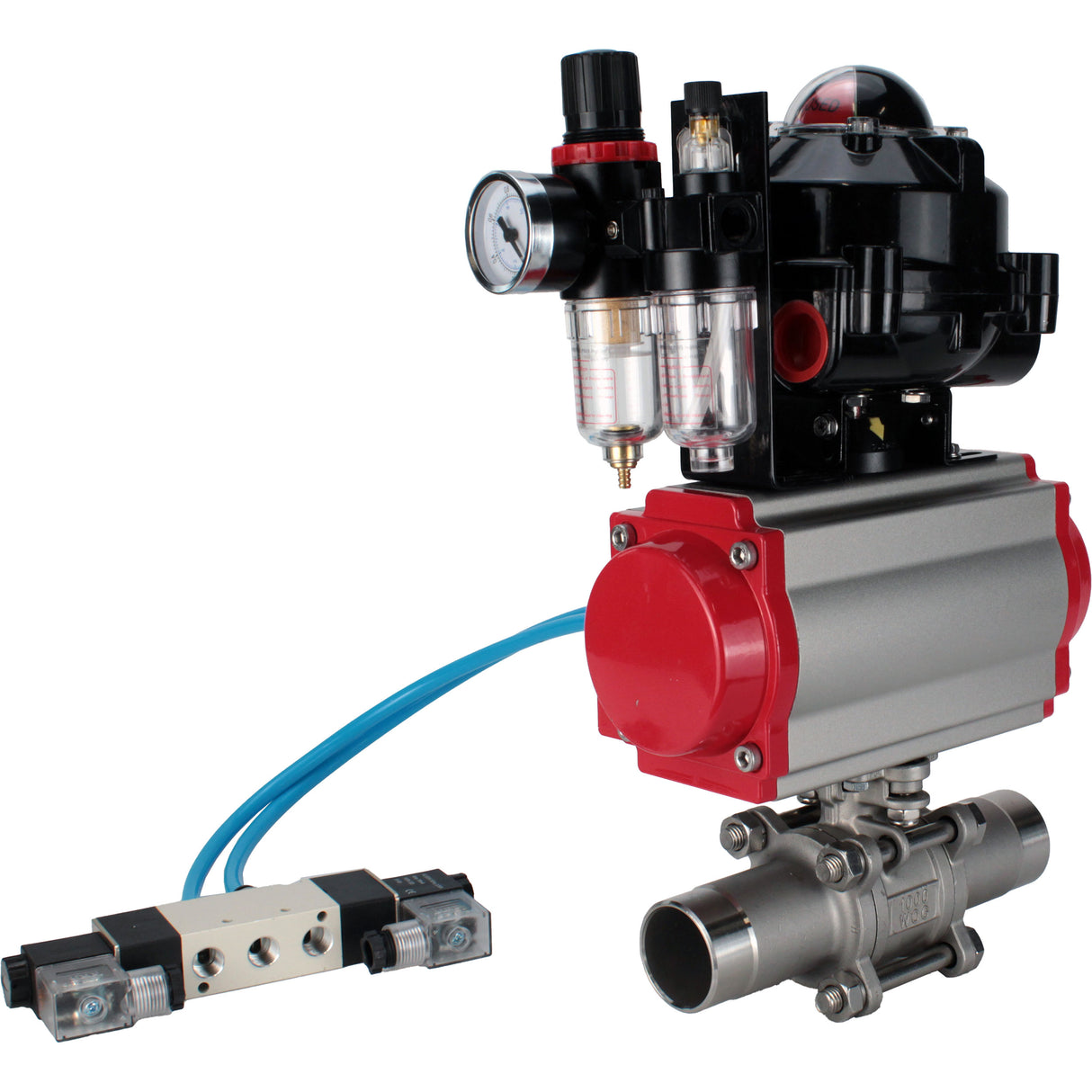 Robinets à boisseau sphérique Elephant BV3131P(3pc)-FP-W-ISO-H LONG DN10-150 passage intégral, corps - acier inoxydable 304, à souder, avec actionneur pneumatique PA-DA, distributeur pneumatique 4V320-08 220V, BKV APL-510N EX et GSV AFC2000