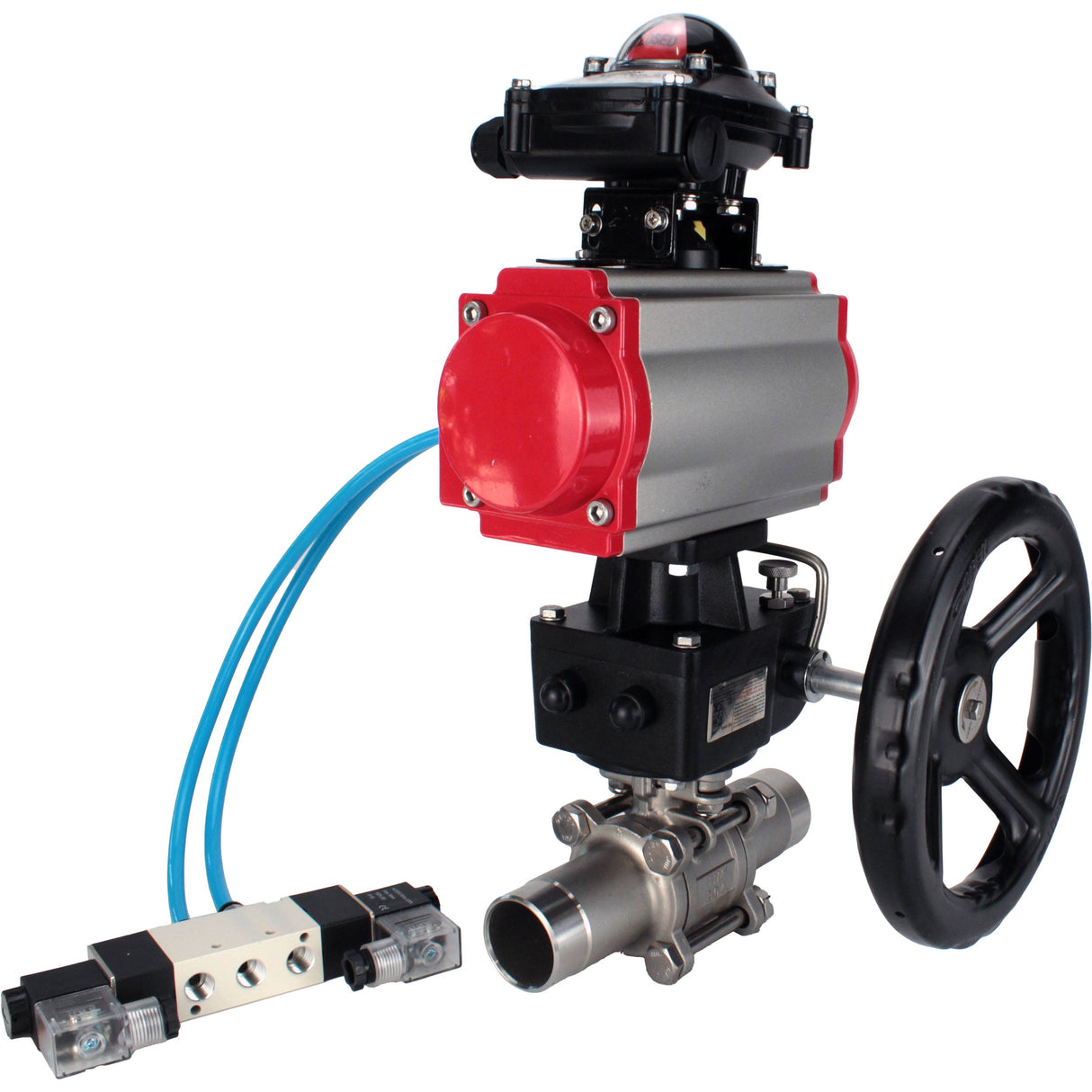 Ball valves Elephant BV3232P(3pc)-FP-W-ISO-H LONG DN50-150 full bore, body - stainless steel 316, for welding, with pneumatic actuator PA-DA, pneumatic distributor 4V320-10 220V, MON gearbox and block limit switches APL-210N