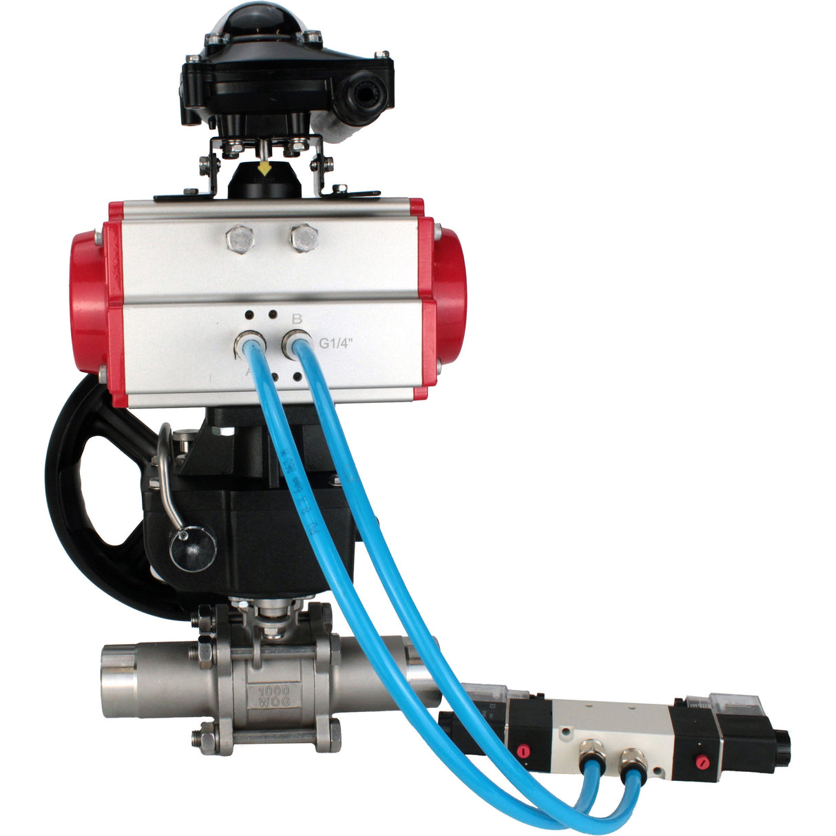 Ball valves Elephant BV3232P(3pc)-FP-W-ISO-H LONG DN50-150 full bore, body - stainless steel 316, for welding, with pneumatic actuator PA-DA, pneumatic distributor 4V320-10 220V, MON gearbox and block limit switches APL-210N