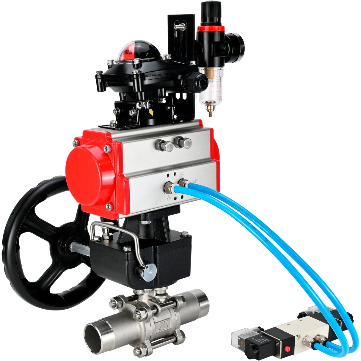 Vannes à boisseau sphérique Elephant BV3131P(3pc)-FP-W-ISO-H LONG DN50-150 passage intégral, corps - acier inoxydable 304, à souder, avec actionneur pneumatique PA-DA, distributeur pneumatique 4V320-10 220V, réducteur MON, BKV APL-210N et BPV AFC2000