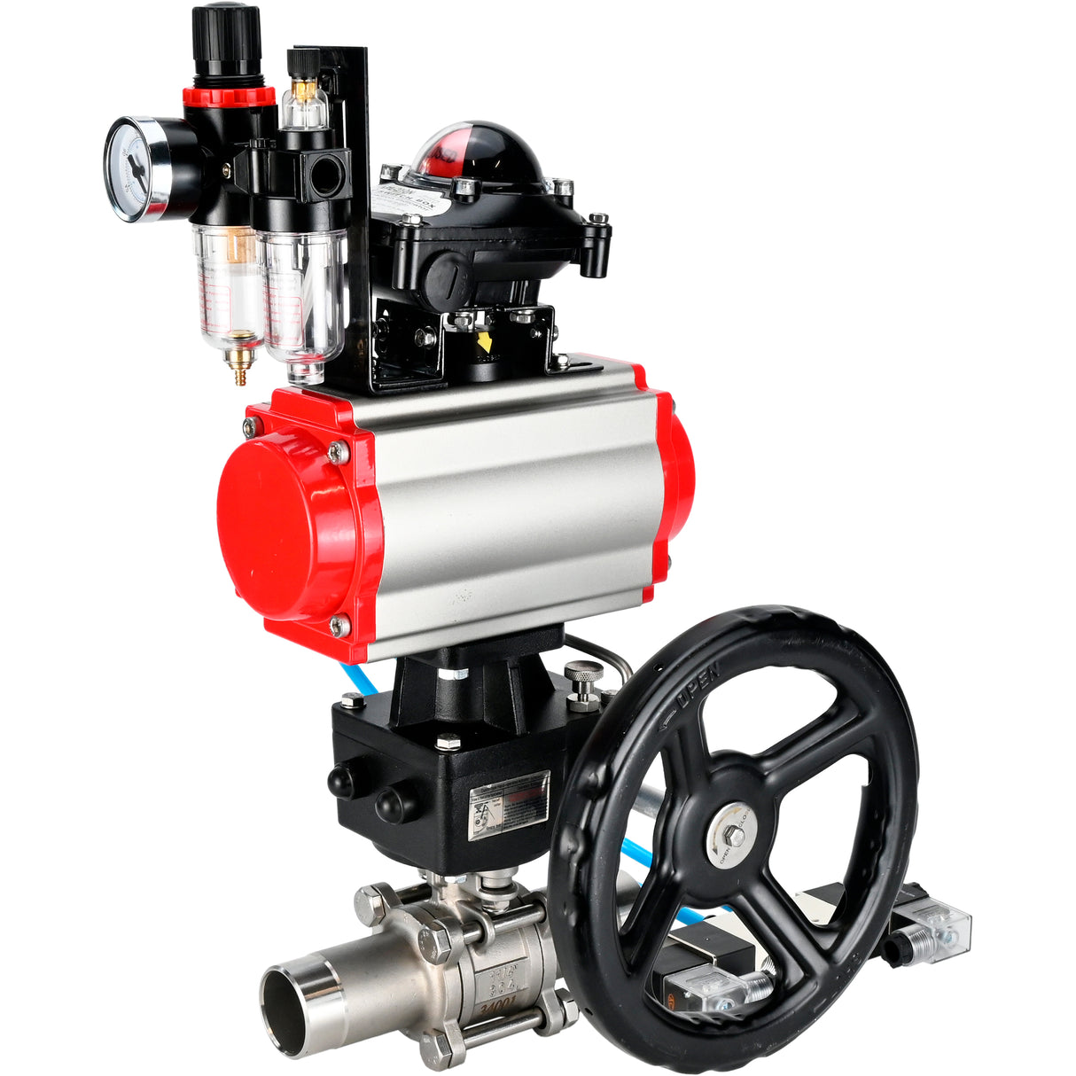 Vannes à boisseau sphérique Elephant BV3131P(3pc)-FP-W-ISO-H LONG DN50-150 passage intégral, corps - acier inoxydable 304, à souder, avec actionneur pneumatique PA-DA, distributeur pneumatique 4V320-08 220V, réducteur MON, BKV APL-210N et BPV AFC2000