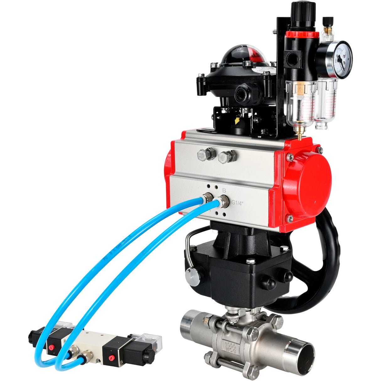 Ball valves Elephant BV3232P(3pc)-FP-W-ISO-H LONG DN50-150 full bore, body - stainless steel 316, for welding, with pneumatic actuator PA-DA, pneumatic distributor 4V320-10 220V, MON reducer, LSU APL-210N and ATU AFC2000