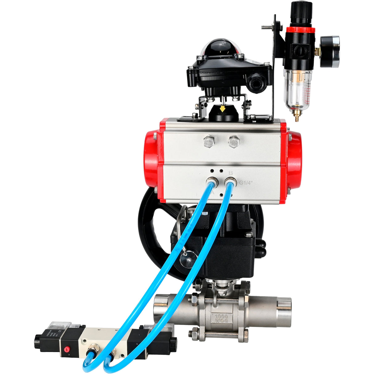 Ball valves Elephant BV3232P(3pc)-FP-W-ISO-H LONG DN50-150 full bore, body - stainless steel 316, for welding, with pneumatic actuator PA-DA, pneumatic distributor 4V320-10 220V, MON reducer, LSU APL-210N and ATU AFC2000