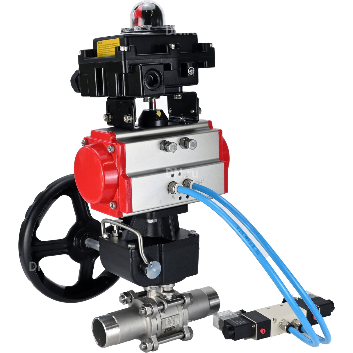 Ball valves Elephant BV3232P(3pc)-FP-W-ISO-H LONG DN50-150 full bore, body - stainless steel 316, for welding, with pneumatic actuator PA-DA, pneumatic distributor 4V320-10 220V, MON gearbox and block limit switches APL-410N EX