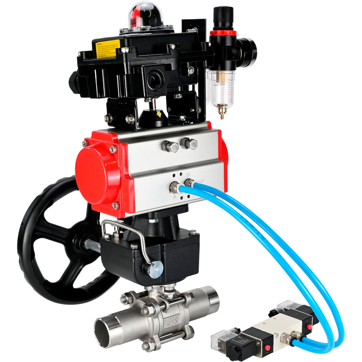 Vannes à boisseau sphérique Elephant BV3232P(3pc)-FP-W-ISO-H LONG DN50-150 passage intégral, corps - acier inoxydable 316, à souder, avec actionneur pneumatique PA-DA, distributeur pneumatique 4V320-10 220V, réducteur MON, BKV APL-410N EX et BPV AFC2000