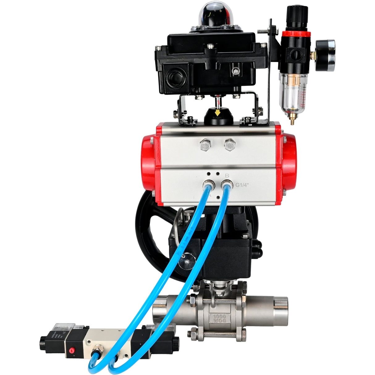 Vannes à boisseau sphérique Elephant BV3232P(3pc)-FP-W-ISO-H LONG DN50-150 passage intégral, corps - acier inoxydable 316, à souder, avec actionneur pneumatique PA-DA, distributeur pneumatique 4V320-10 220V, réducteur MON, BKV APL-410N EX et BPV AFC2000