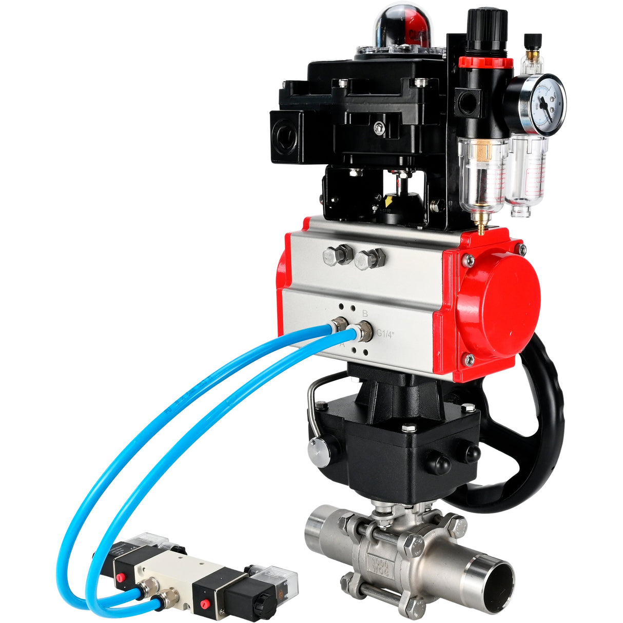 Vannes à boisseau sphérique Elephant BV3232P(3pc)-FP-W-ISO-H LONG DN50-150 passage intégral, corps - acier inoxydable 316, à souder, avec actionneur pneumatique PA-DA, distributeur pneumatique 4V320-10 220V, réducteur MON, BKV APL-410N EX et BPV AFC2000