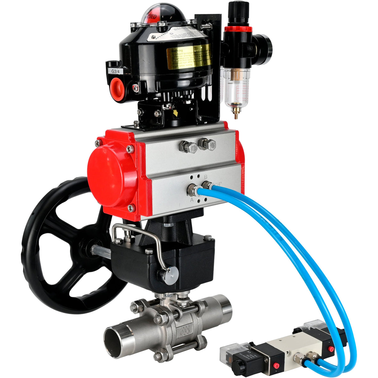 Vannes à boisseau sphérique Elephant BV3131P(3pc)-FP-W-ISO-H LONG DN50-150 passage intégral, corps - acier inoxydable 304, à souder, avec actionneur pneumatique PA-DA, distributeur pneumatique 4V320-10 220V, réducteur MON, BKV APL-510N EX et BPV AFC2000