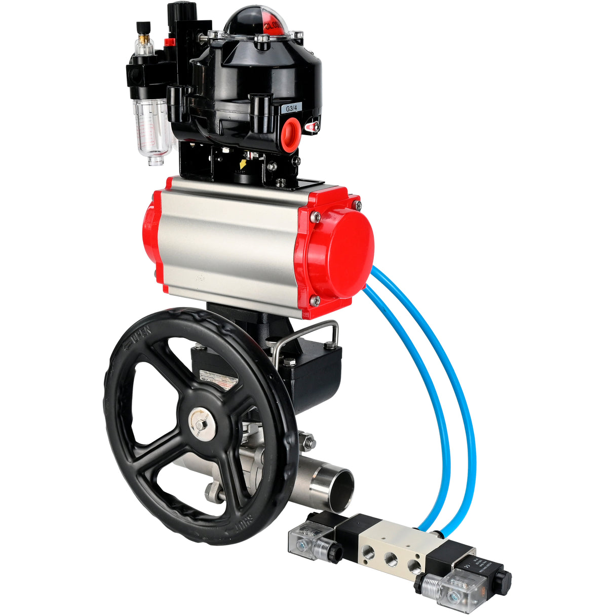 Vannes à boisseau sphérique Elephant BV3131P(3pc)-FP-W-ISO-H LONG DN50-150 passage intégral, corps - acier inoxydable 304, à souder, avec actionneur pneumatique PA-DA, distributeur pneumatique 4V320-10 220V, réducteur MON, BKV APL-510N EX et BPV AFC2000
