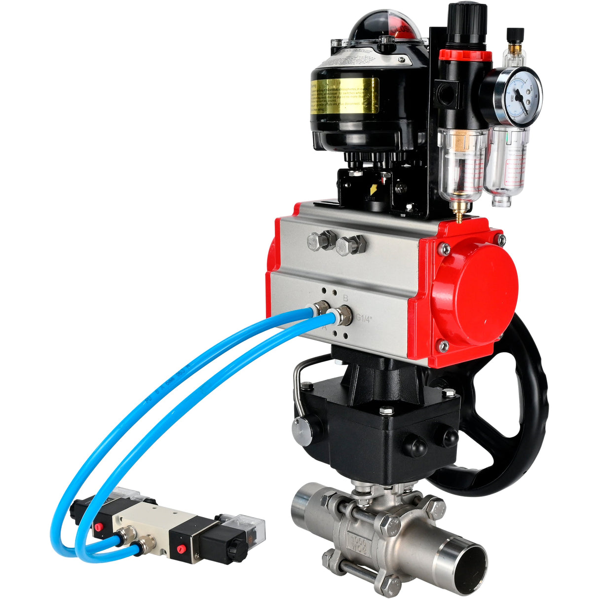 Vannes à boisseau sphérique Elephant BV3131P(3pc)-FP-W-ISO-H LONG DN50-150 passage intégral, corps - acier inoxydable 304, à souder, avec actionneur pneumatique PA-DA, distributeur pneumatique 4V320-10 220V, réducteur MON, BKV APL-510N EX et BPV AFC2000