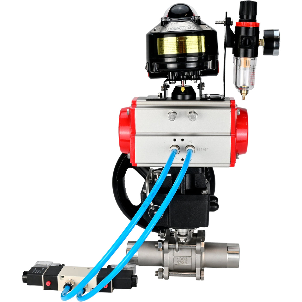 Vannes à boisseau sphérique Elephant BV3131P(3pc)-FP-W-ISO-H LONG DN50-150 passage intégral, corps - acier inoxydable 304, à souder, avec actionneur pneumatique PA-DA, distributeur pneumatique 4V320-10 220V, réducteur MON, BKV APL-510N EX et BPV AFC2000