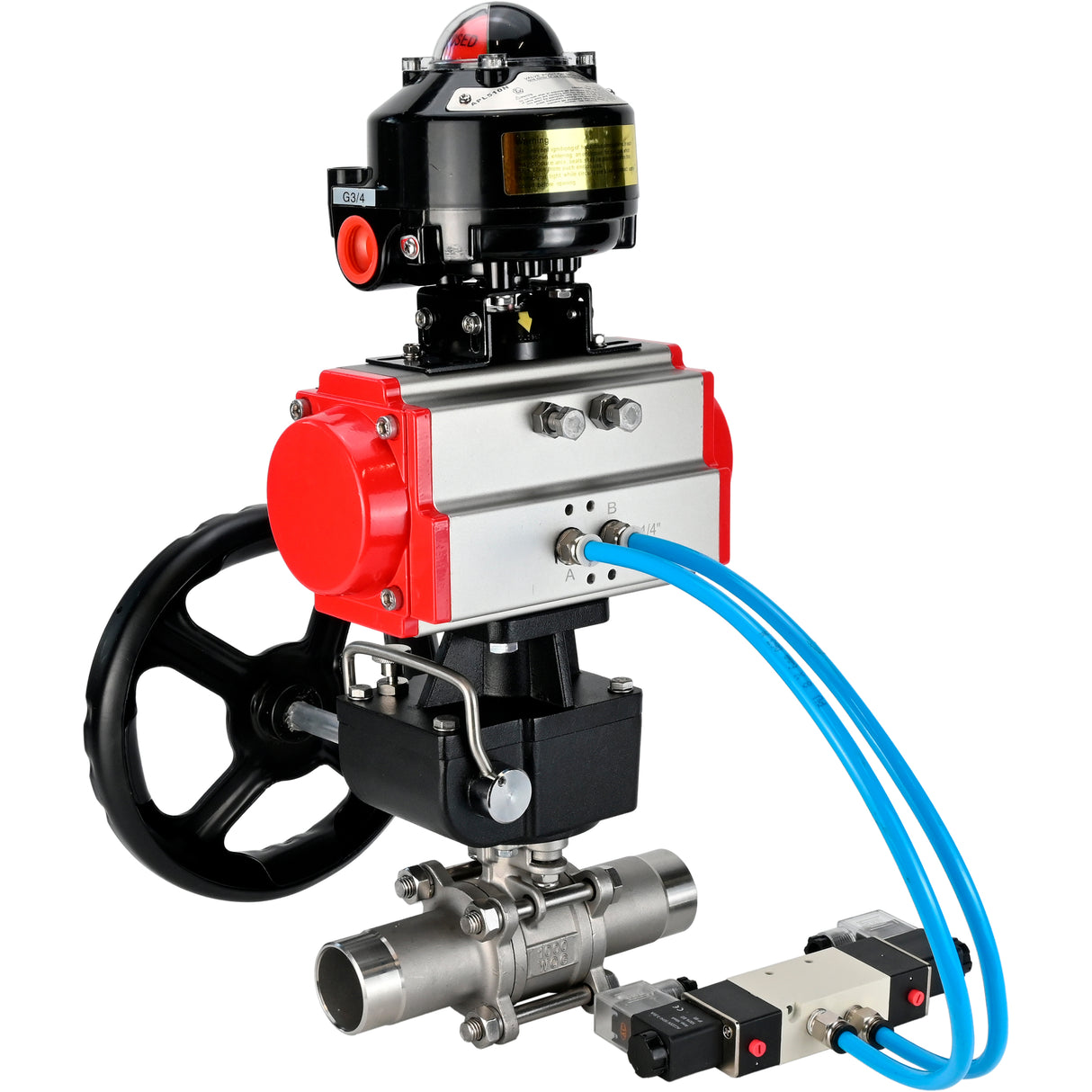 Ball valves Elephant BV3131P(3pc)-FP-W-ISO-H LONG DN50-150 full bore, body - stainless steel 304, for welding, with PA-DA pneumatic actuator, pneumatic distributor 4V320-08 220V, MON gearbox and block limit switches APL-510N EX