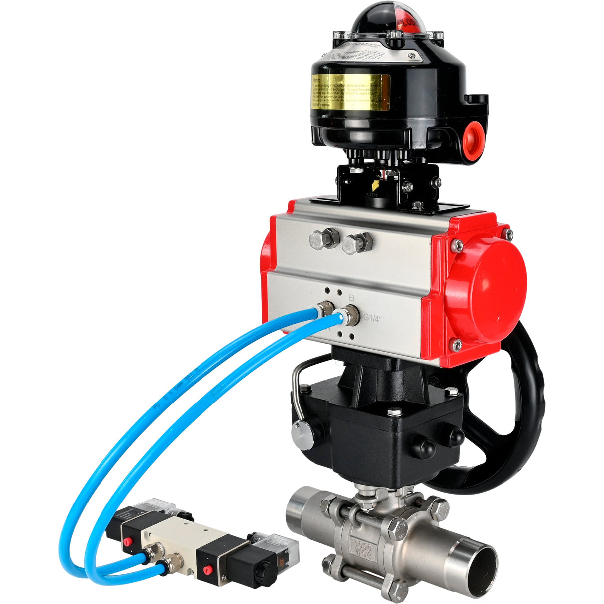 Ball valves Elephant BV3232P(3pc)-FP-W-ISO-H LONG DN50-150 full bore, body - stainless steel 316, for welding, with pneumatic actuator PA-DA, pneumatic distributor 4V320-10 220V, MON gearbox and block limit switches APL-510N EX